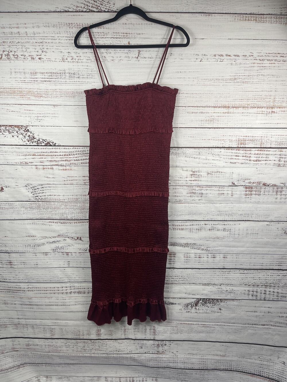 MABLE Dress Women's Large Red Smocked Bodycon Maxi Ruffle Hem Sundress Summer
